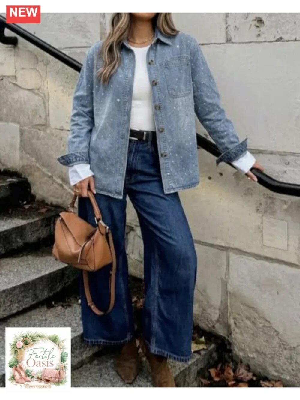 Rhinestone Washed Denim Shacket Oversized Long Sleeve Button Down Jacket